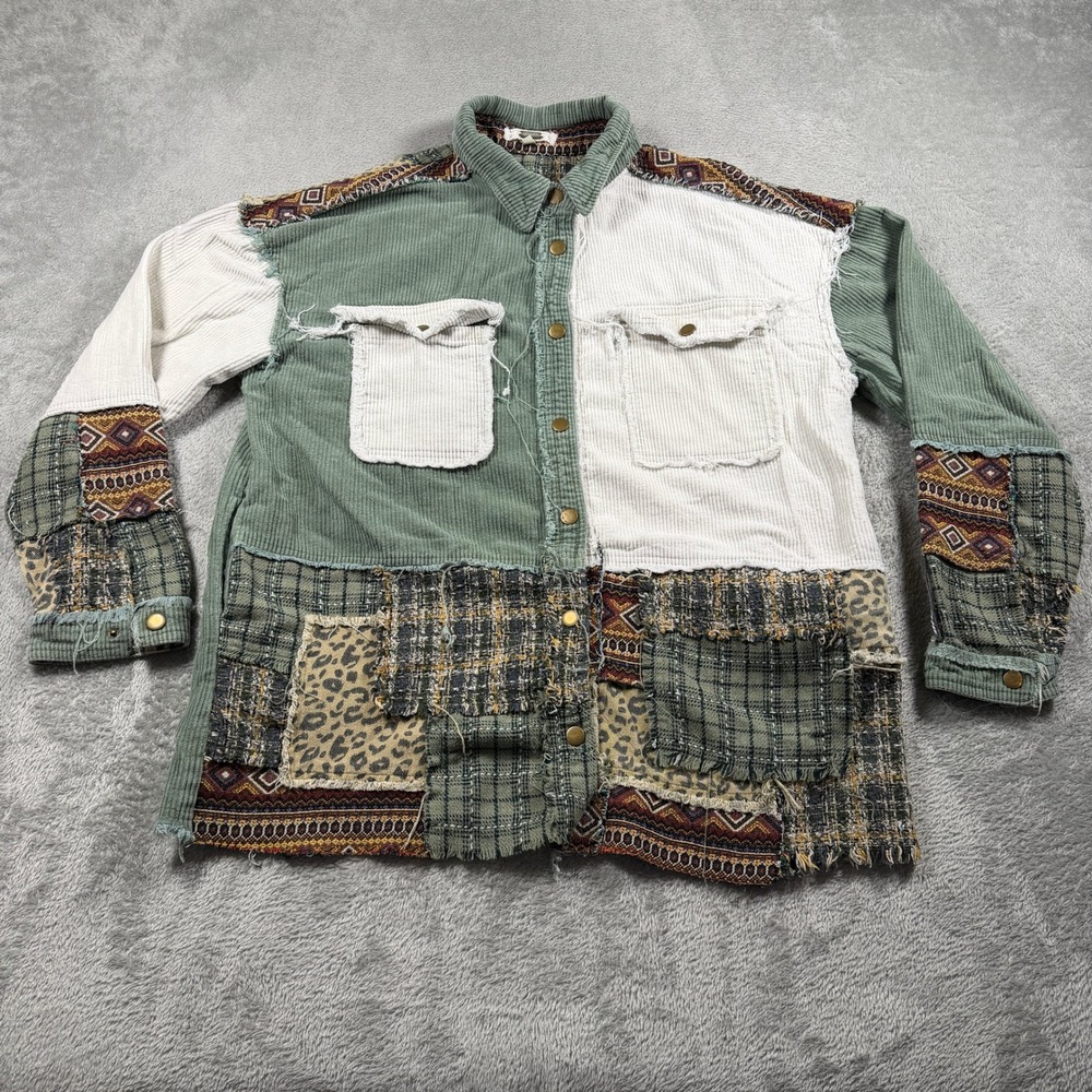 Gimmicks Shacket Womens Large Green Patchwork Corduroy Boho Raw Hem